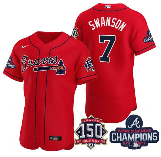 Men's Atlanta Braves #7 Dansby Swanson 2021 Red World Series Champions With 150th Anniversary Flex Base Stitched Jersey Men's Atlanta Braves #7 Dansby Swanson 2021 Red World Series Champions With 150th Anniversary Flex Base Stitched Jersey